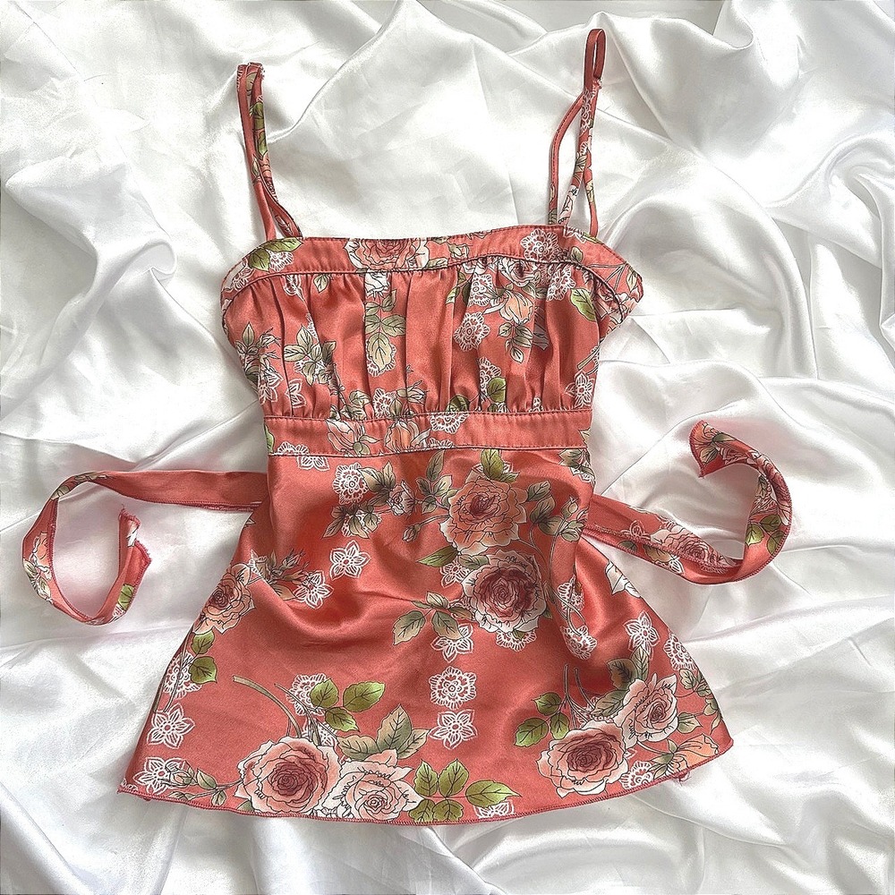 Self Esteem Floral Satin Cami Top Coral Pink Y2K Empire Waist Tie Back Blouse XS